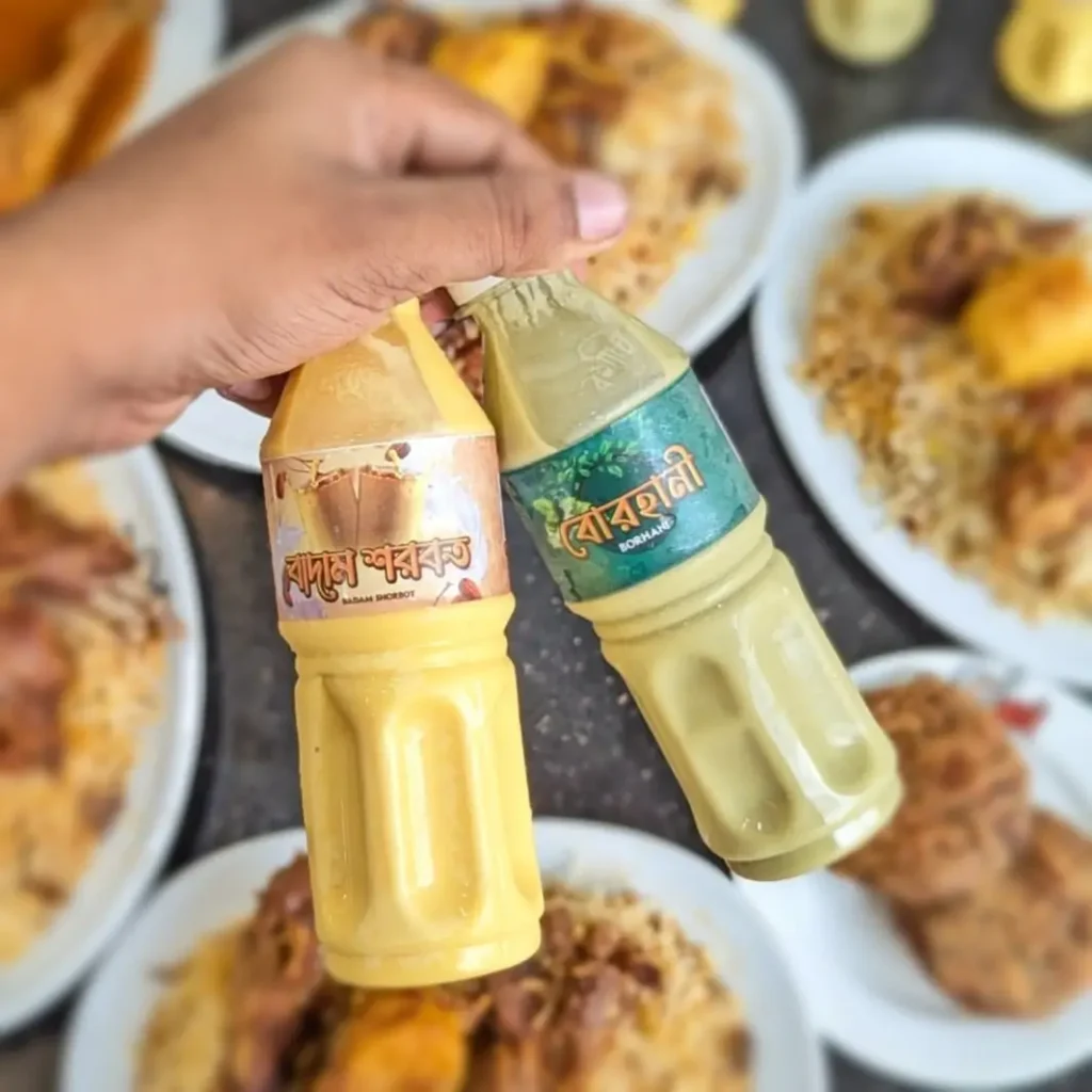 Glasses of Borhani and Badam Sharbat served at Kacchi Bhai β refreshing traditional drinks, perfect with kacchi. Badam Sharbat is especially creamy and nutty.