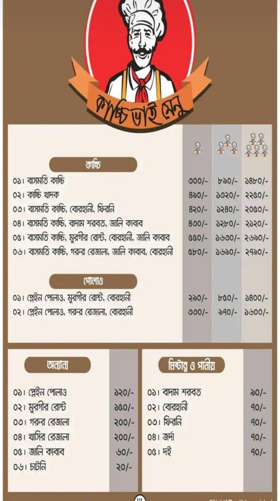 Kacchi Bhai Chittagong branch full food menu card with updated prices for 2025, including Kacchi, Chicken Roast, Jali Kabab, Borhani, and more.