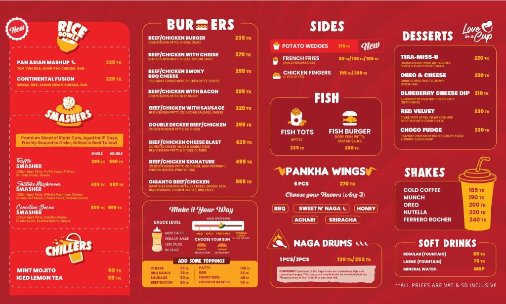 Chillox restaurant menu card showcasing burgers, sides, fish items, and shakes with prices in Bangladesh