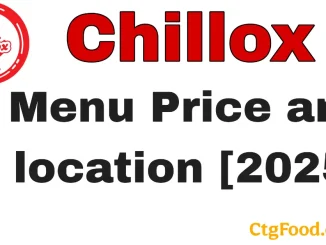 Chillox restaurant menu graphic showcasing burgers, prices, and locations