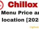 Chillox restaurant menu graphic showcasing burgers, prices, and locations